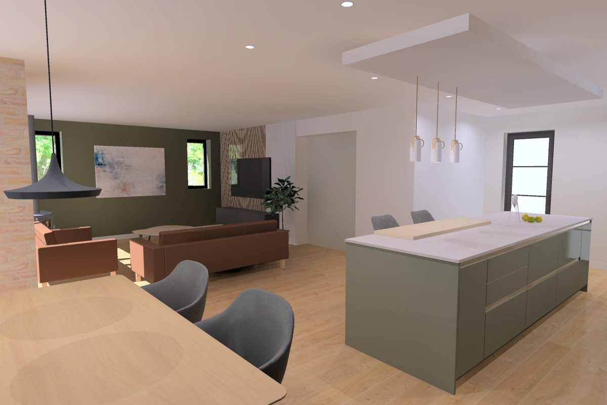 View of the open-plan space with a cooking island, dining zone, and snug.
