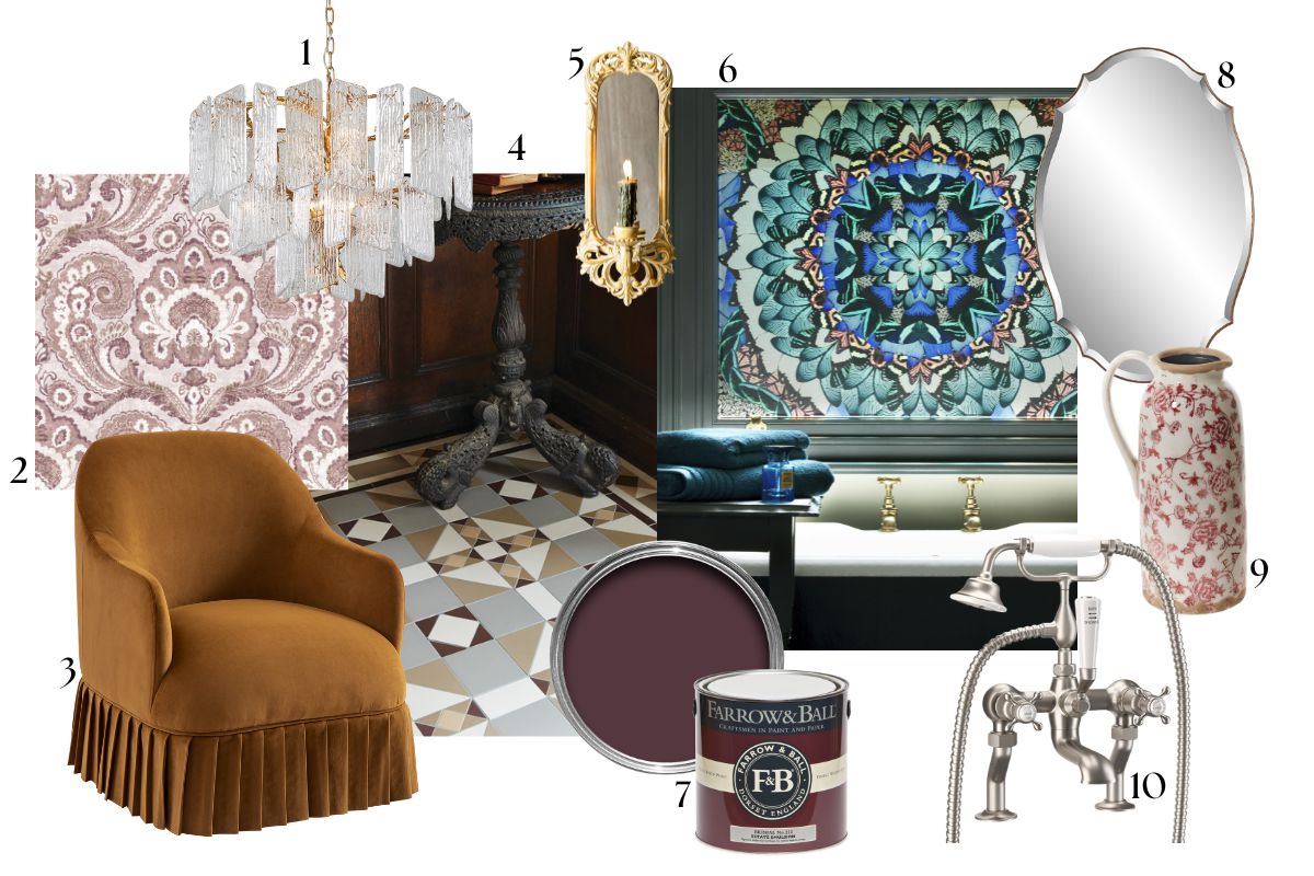 An interiors moodboard edit with historical pieces and vintage-style decor.
