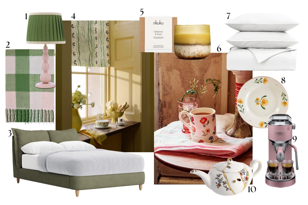 Moodboard edit with bed furnishings and Mother's Day gift ideas.