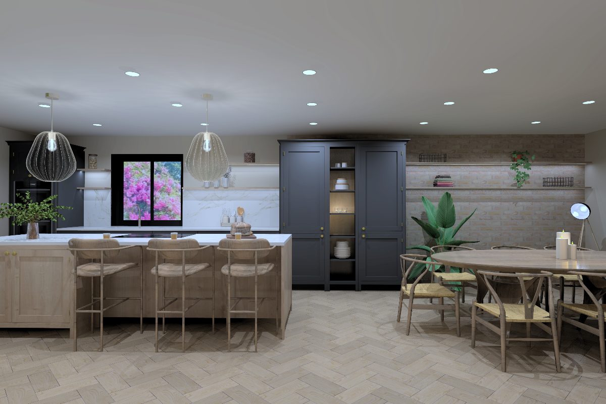 CAD drawing of the kitchen zone with a dining area next to it, with dark cabinetry, exposed brick and oak materials.