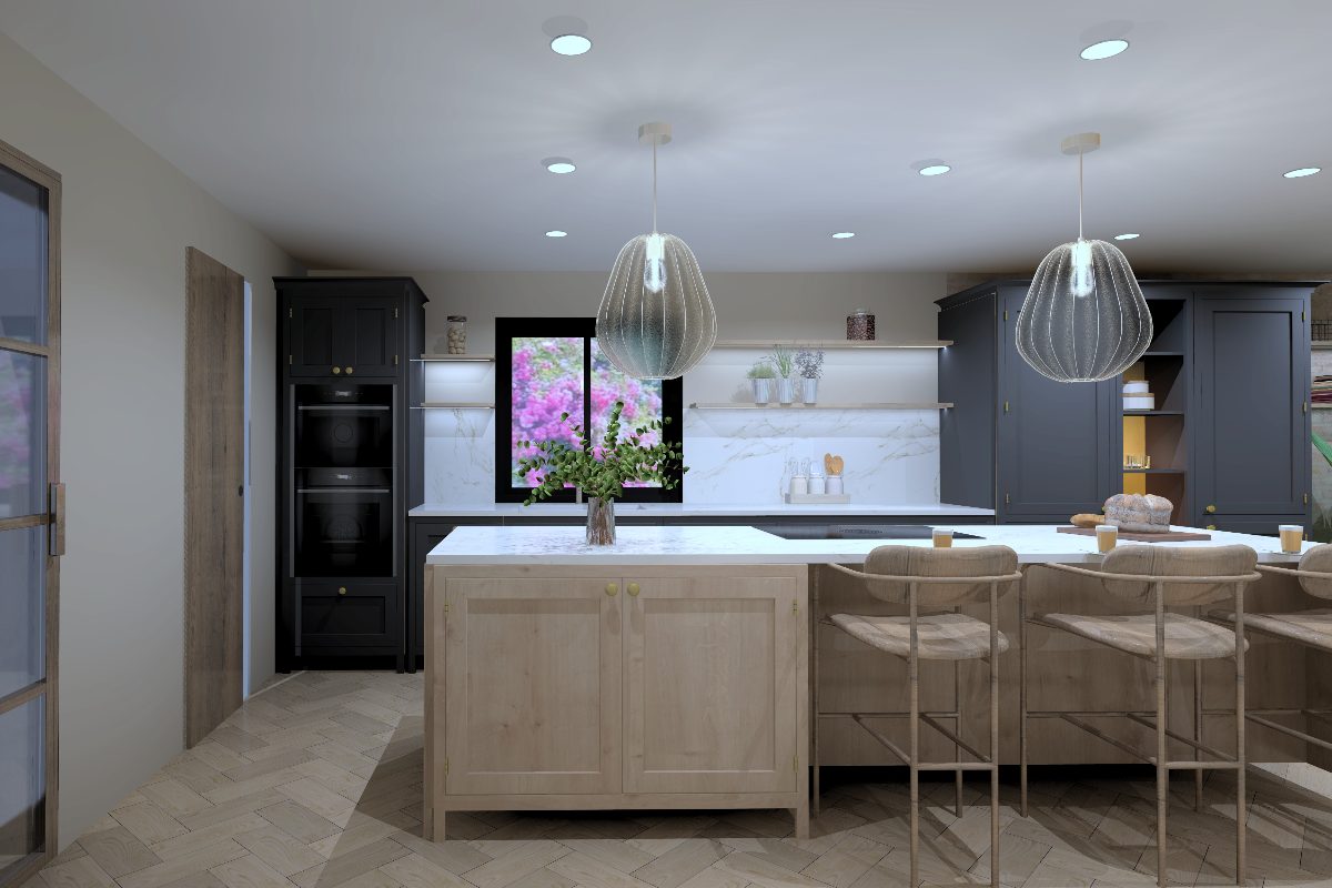 CAD drawings of a spacious kitchen with dark base cabinets, a wood island with seating and light worktops.