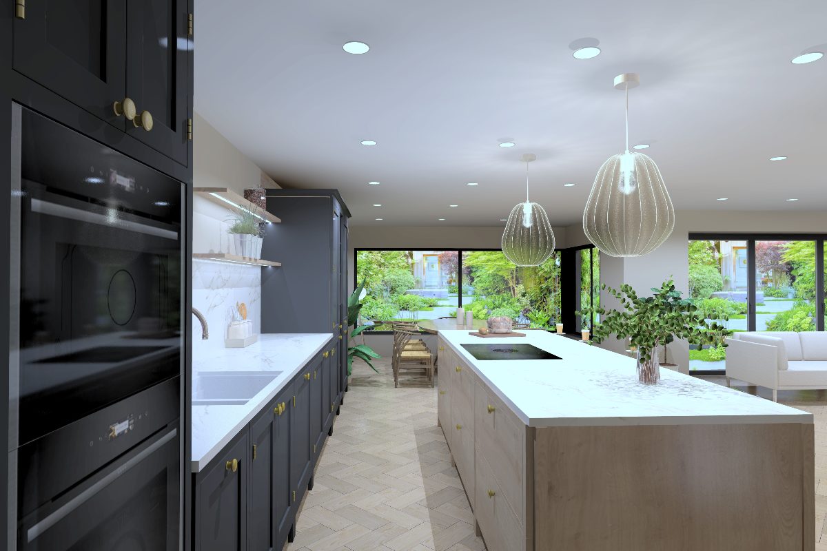 View of an open-plan kitchen-dining-lounging area with an island, dining table and chairs seating eight, and a snug with a corner sofa.