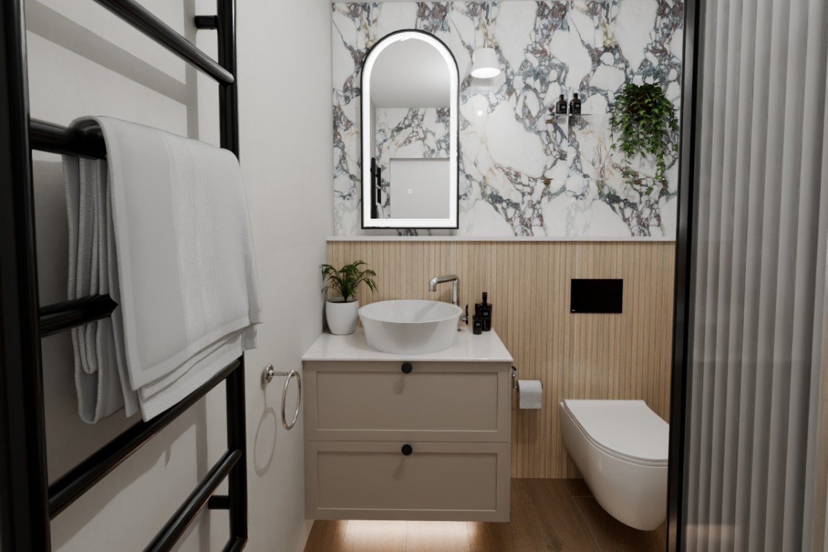 Closeup at a vanity zone with a wall-mounted unit, natural materials, a wall-mounted toilet, and black fittings and fixtures.