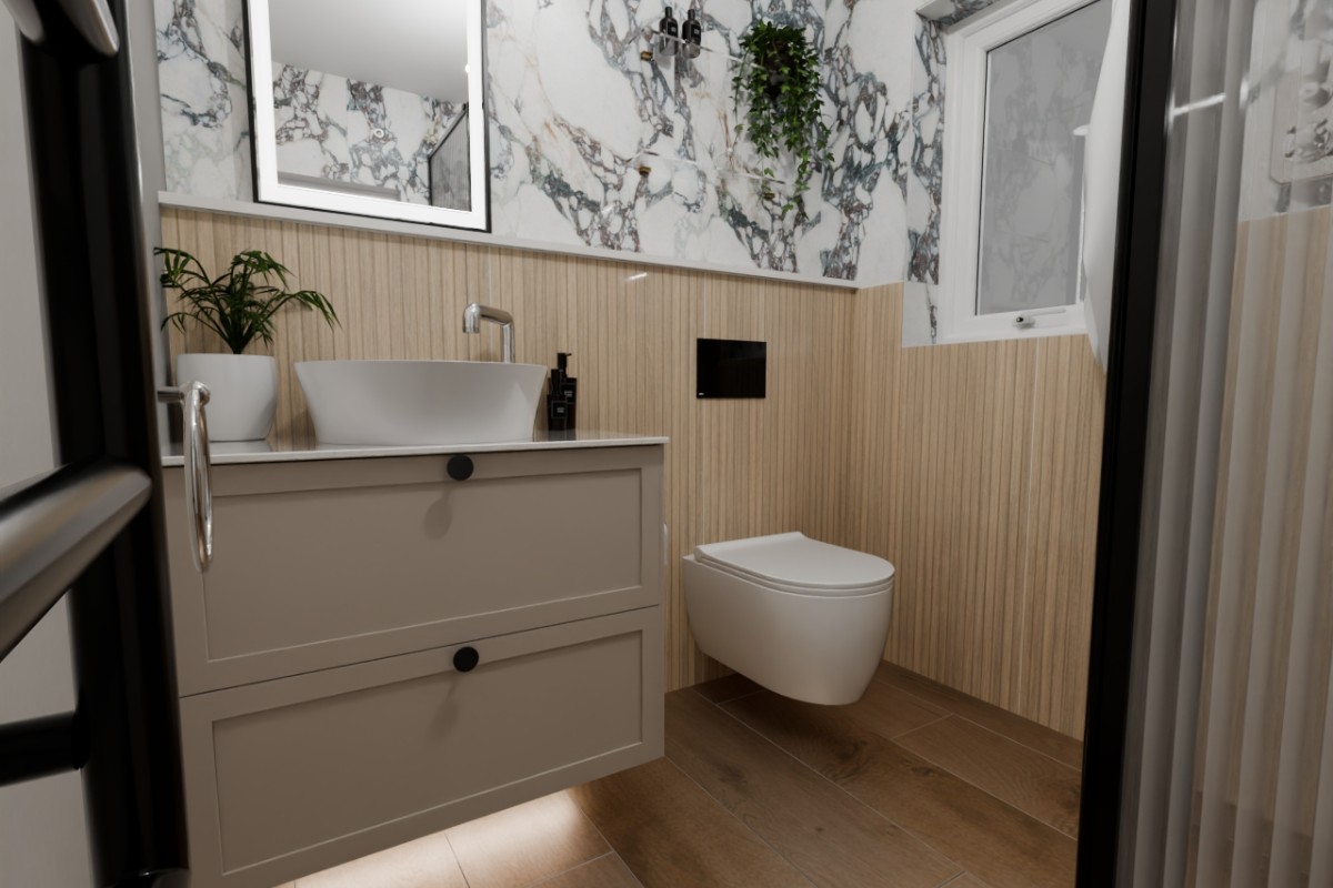 A timeless bathroom with wall-mounted furniture and sanitaryware and nature-inspired materials.