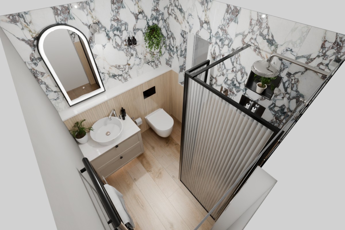 Layout of a timeless ensuite design with marble wall tiles, wood wall panelling and flooring, a shower zone, a compact vanity and a wall-mounted WC.
