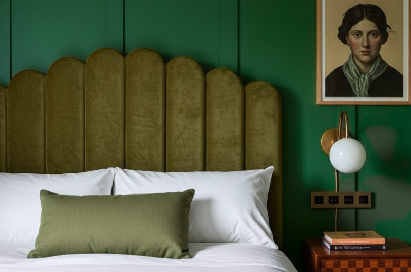 A green drenched bedroom design with a scalloped green velvet headboard, and classic furnishings.