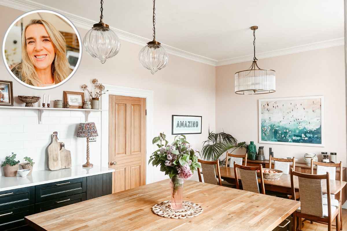 A timeless open-plan kitchen-diner renovation with classic cabinetry, wood worktop on the island, and striking pendant lights.