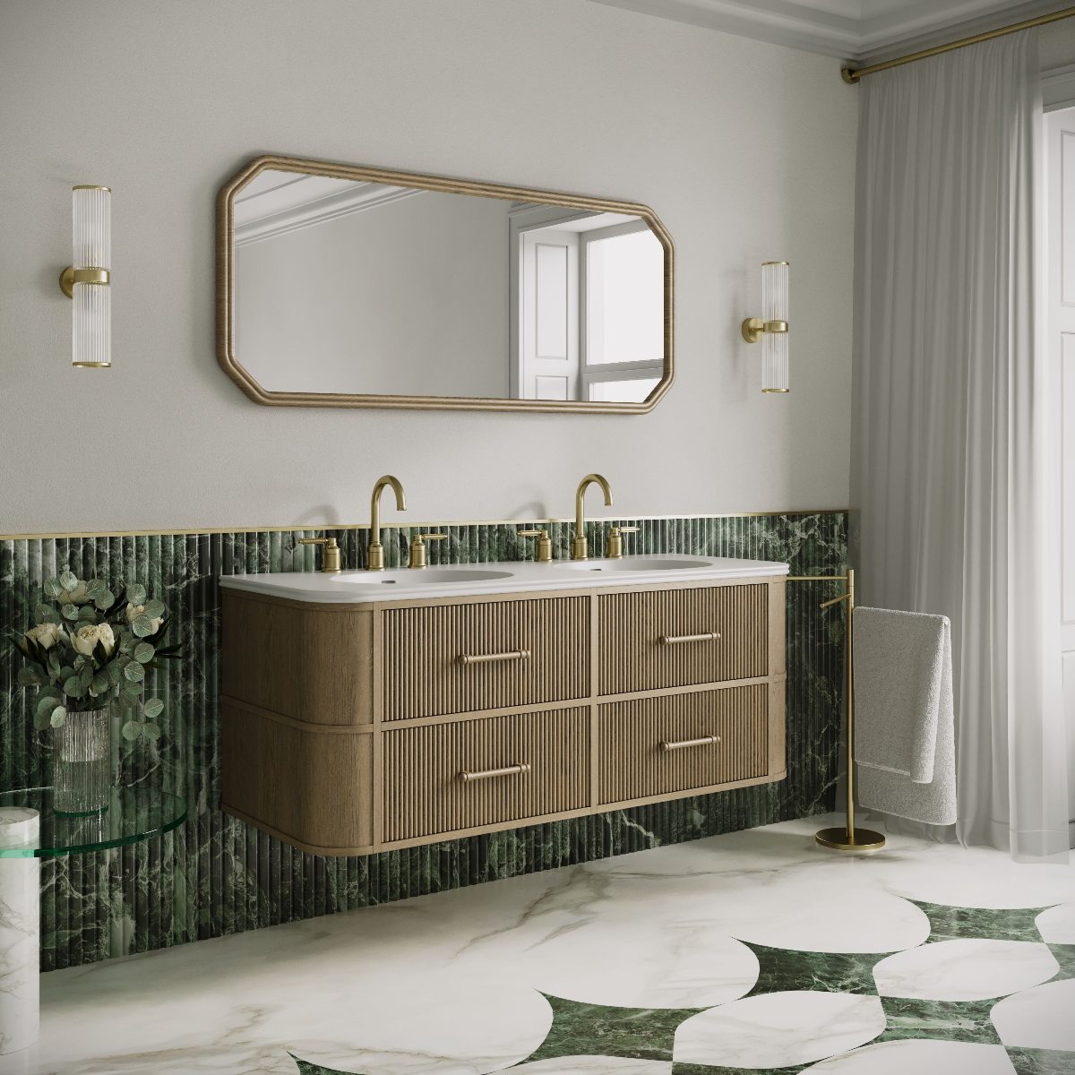 A luxurious bathroom with a wall-hung double vanity unit and stone basin, green fluted tiles, and Art Deco decor.