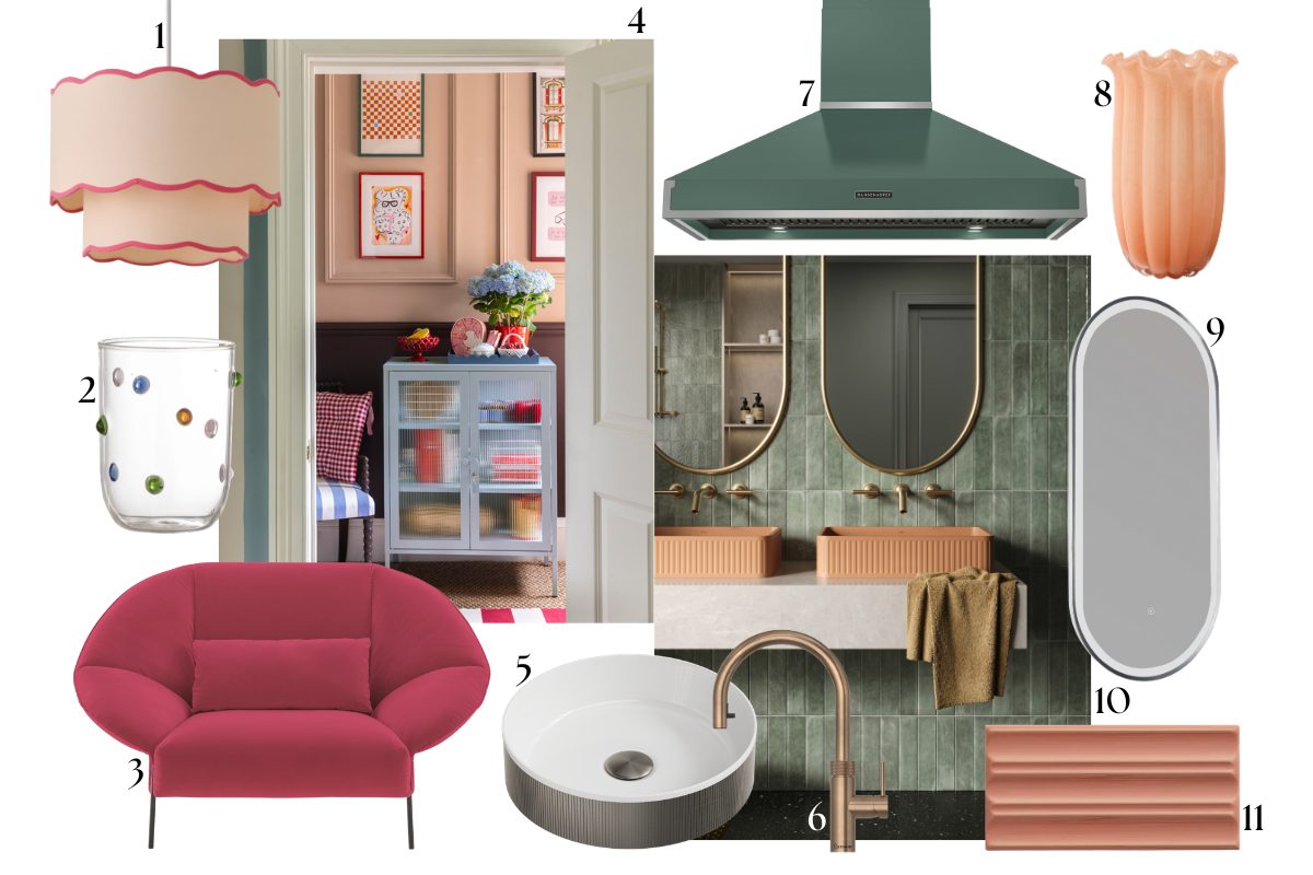 A moodboard edit of colourful interiors solutions, appliances, mixed finishes, and tactile elements.
