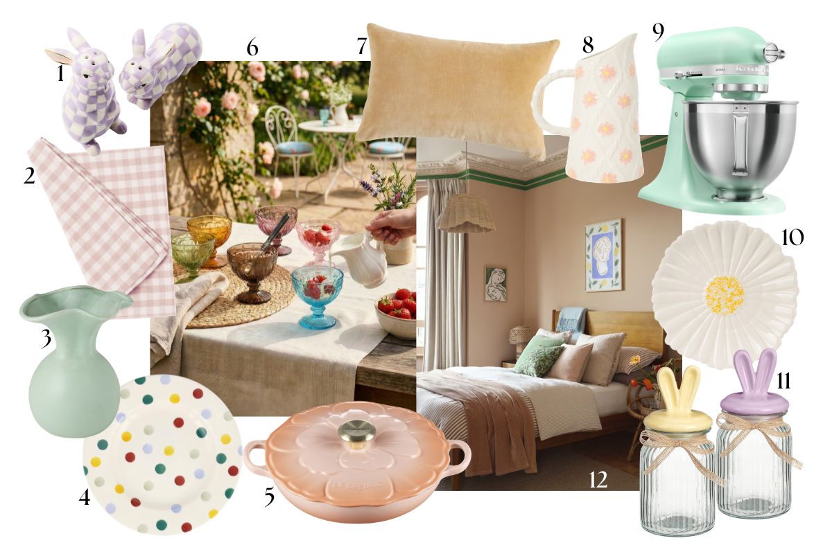 Easter tablescape ideas and decor, from joyful ceramics, pastel paint, to bunny-shaped items.