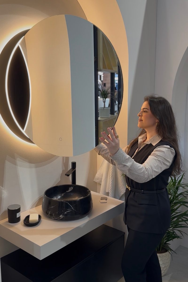 Exploring a bathroom stand at kbb Birmingham 2026.