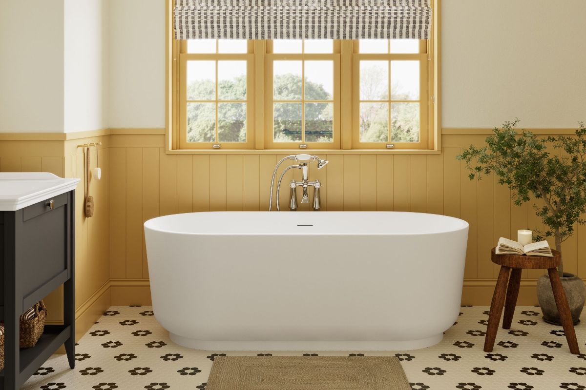 A double ended bath in a charming bathroom design with patterned flooring, yellow panelling and matching woodwork, and spa-like decor.