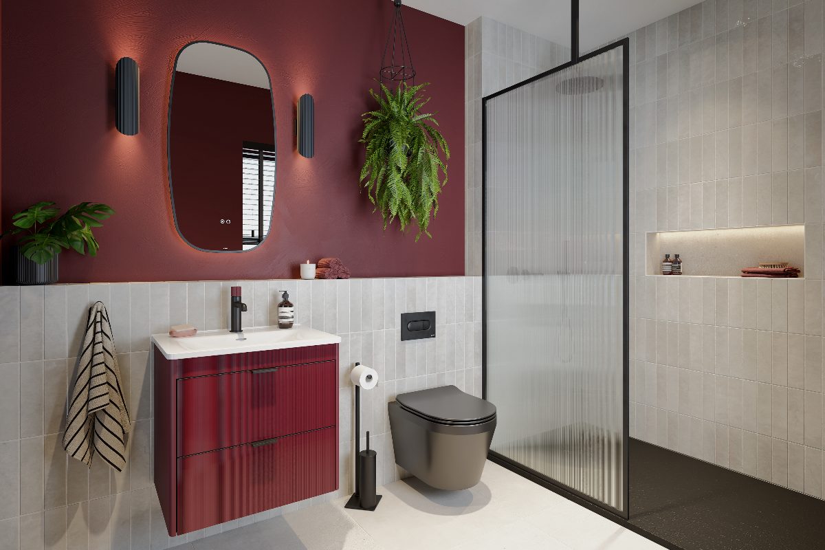 Modern bathroom with metro tiles, fluted glass shower panel, a floating vanity, and dark red paint.