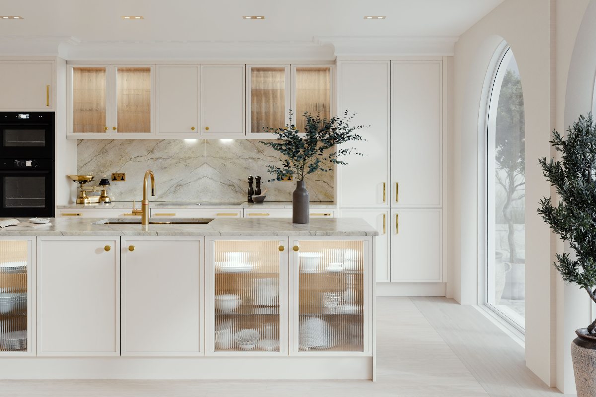A white kitchen design with slim shaker cabinets and fluted glass.