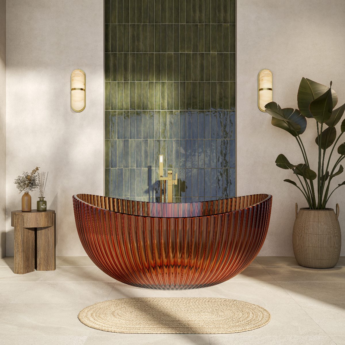 A spa bathroom with neutral surfaces, green metro tiles and a coloured translucent resin round freestanding bath.