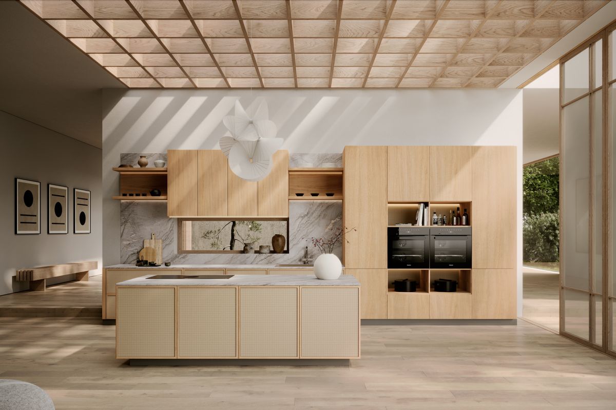 A Japandi kitchen design with wood units, marble surfaces, integrated appliances, and organic, zen decor.