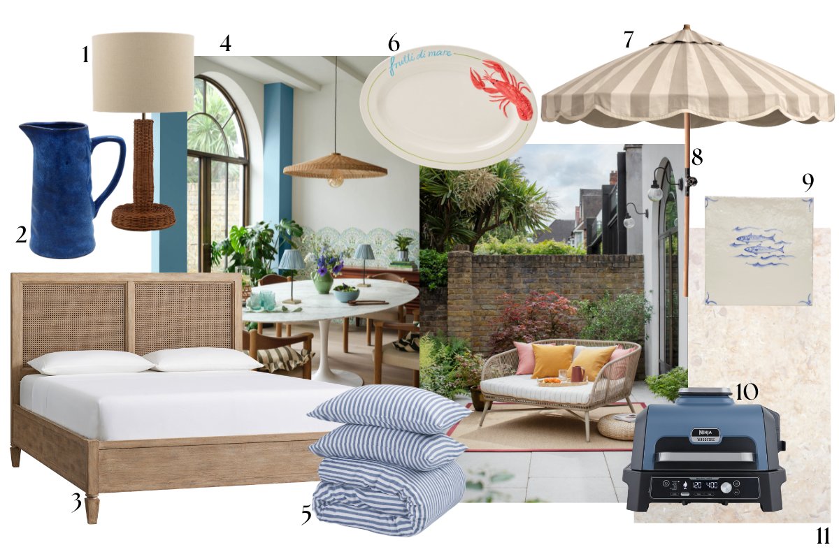 Staycation-inspired moodboard with pops of blue, garden furniture, sea-themed ceramics, a parasol, and rattan details.
