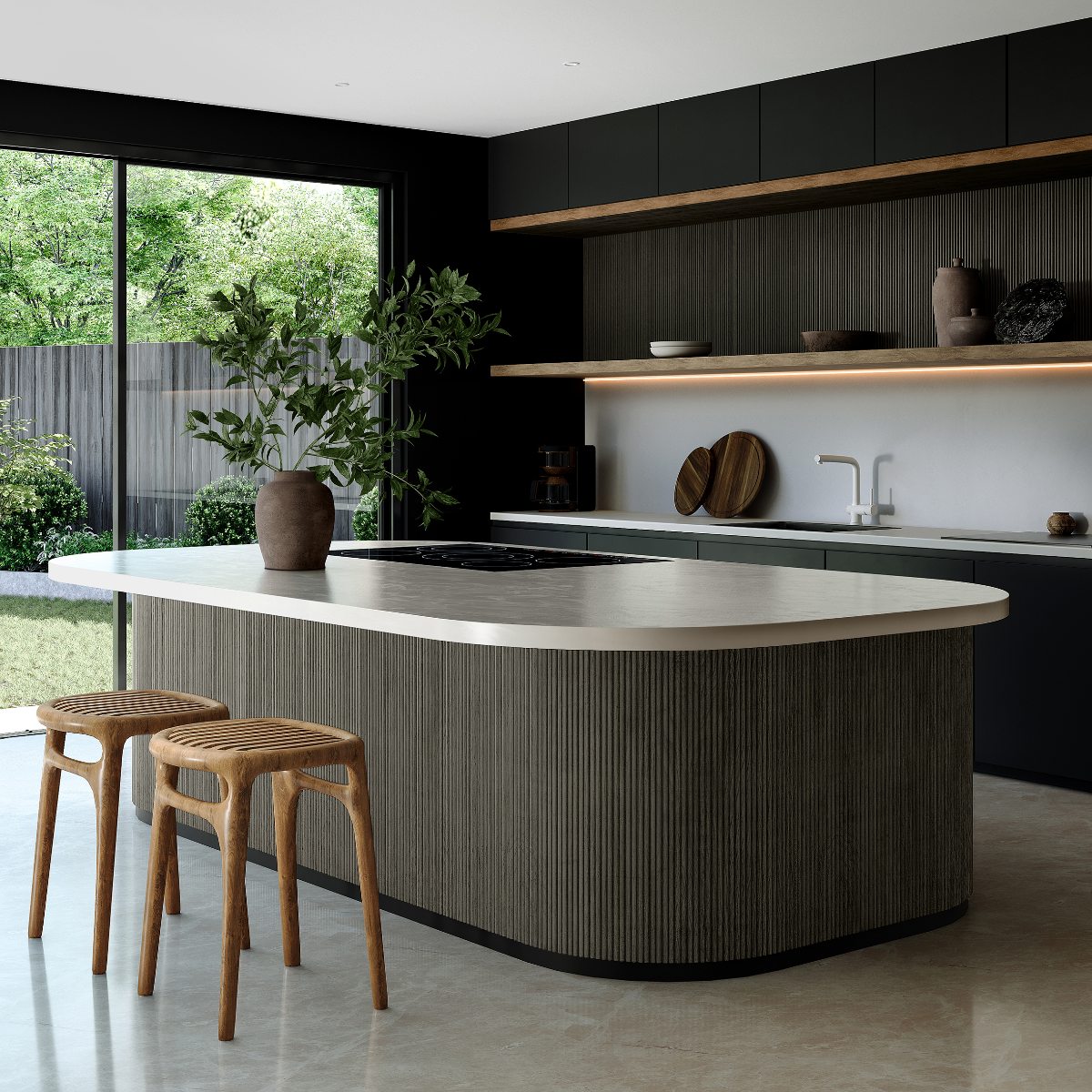 A dark kitchen design with a fluted island, open shelving, LED lighting, neutral work surfaces and wood stools.