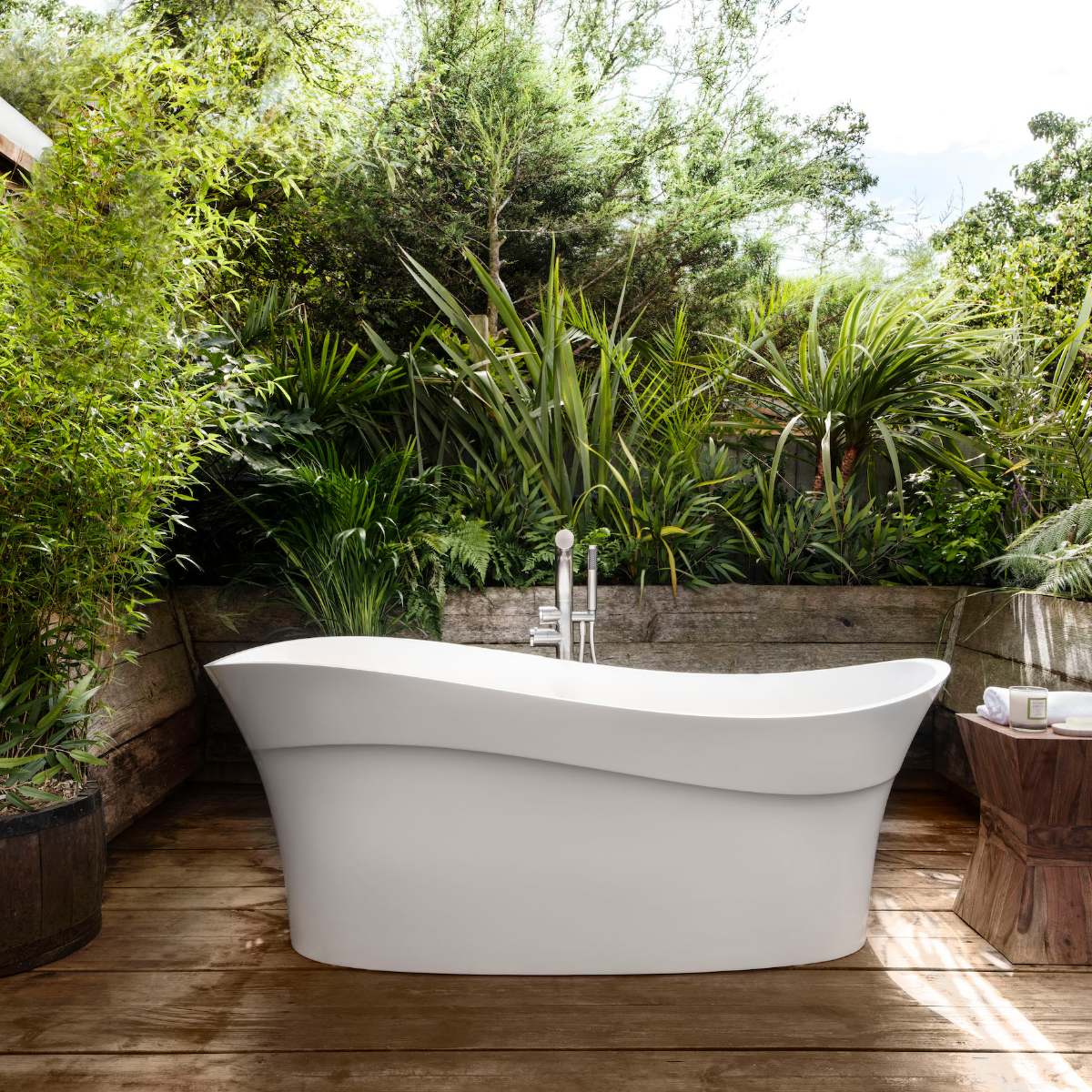 A wave-inspired bathtub in an outdoor setting.