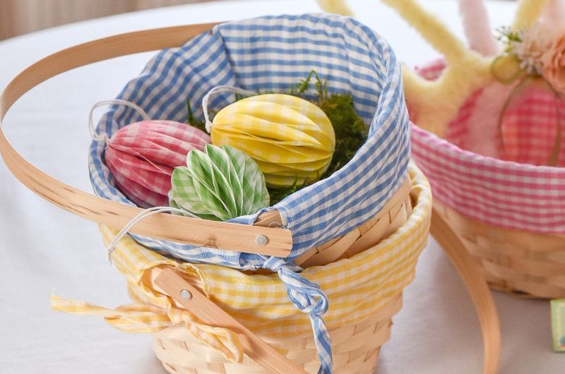 Easter baskets made from bamboo with colourful gingham linen.