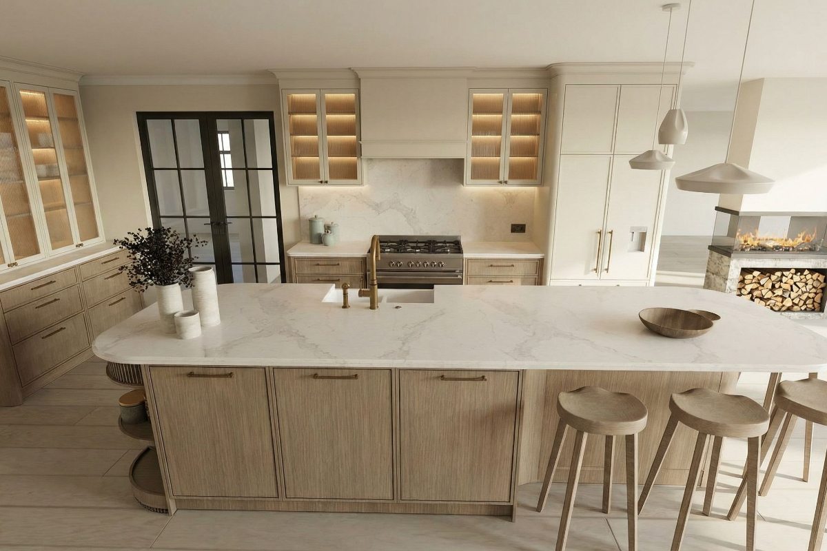 View of the main kitchen design with an l-shaped layout and a central island with storage, seating, and a sink and tap.