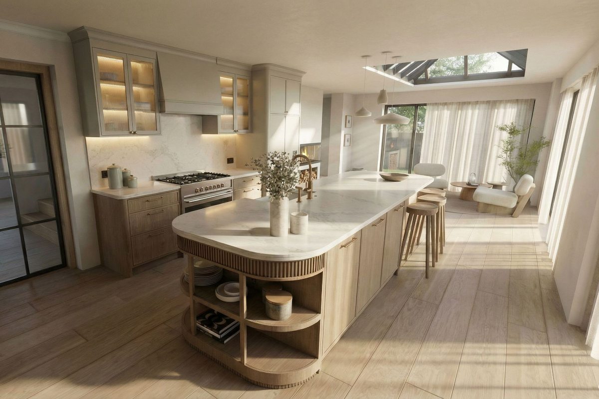 A curved kitchen island stands as the heart of the open-plan space with a mix of natural materials and a neutral colour palette.