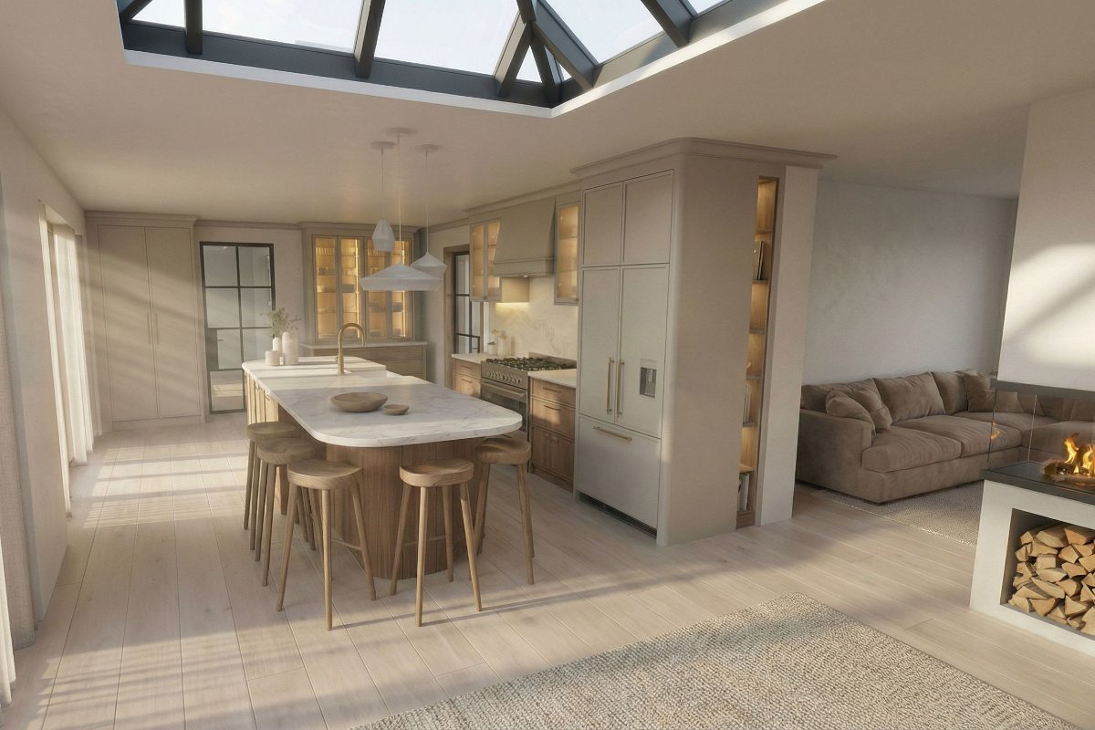 An open-plan kitchen-diner with soft, neutral hues, tall cabinetry, and a curved island.