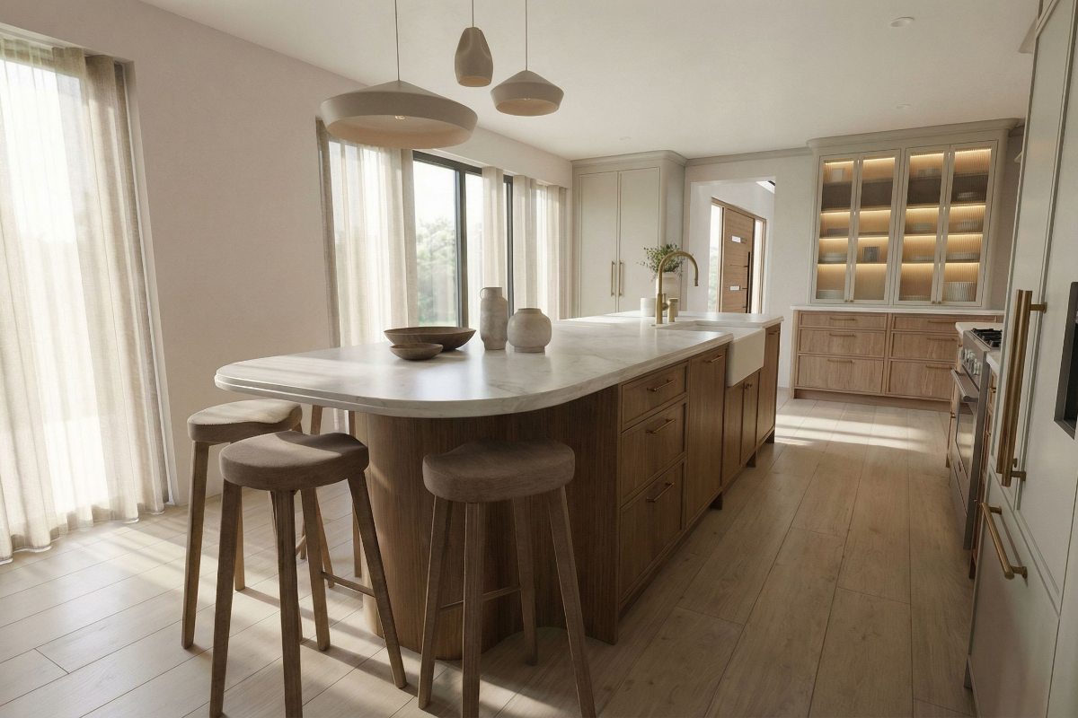 Closeup at a curved island with a curved veined quartz worktop and seating.
