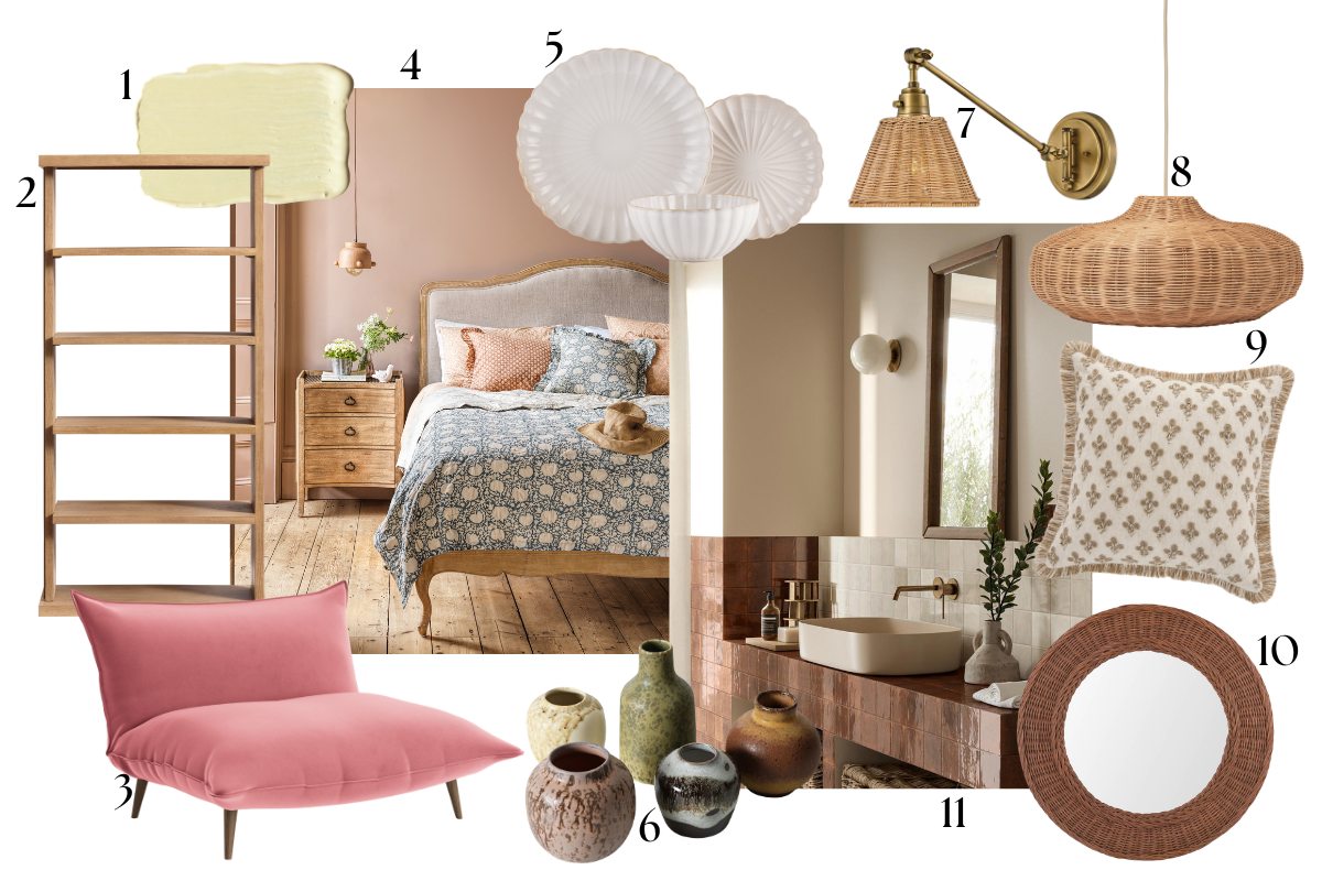 Moodboard edit of homeware for cosy, cocooning, warm interiors.