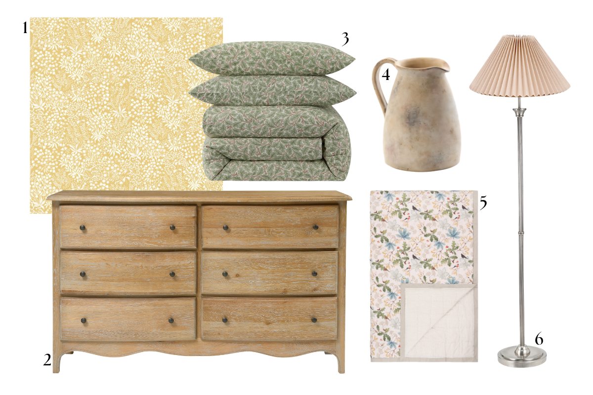 A moodboard edit of country chic bedroom homeware and rustic wooden furniture.