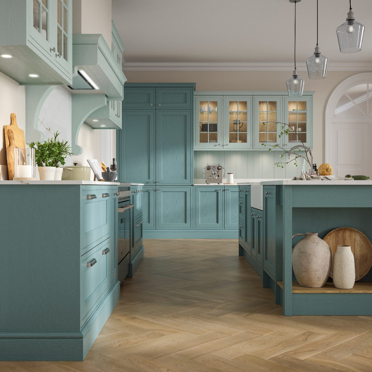 A teal blue kitchen with light oak flooring, and glazed wall cabinets.