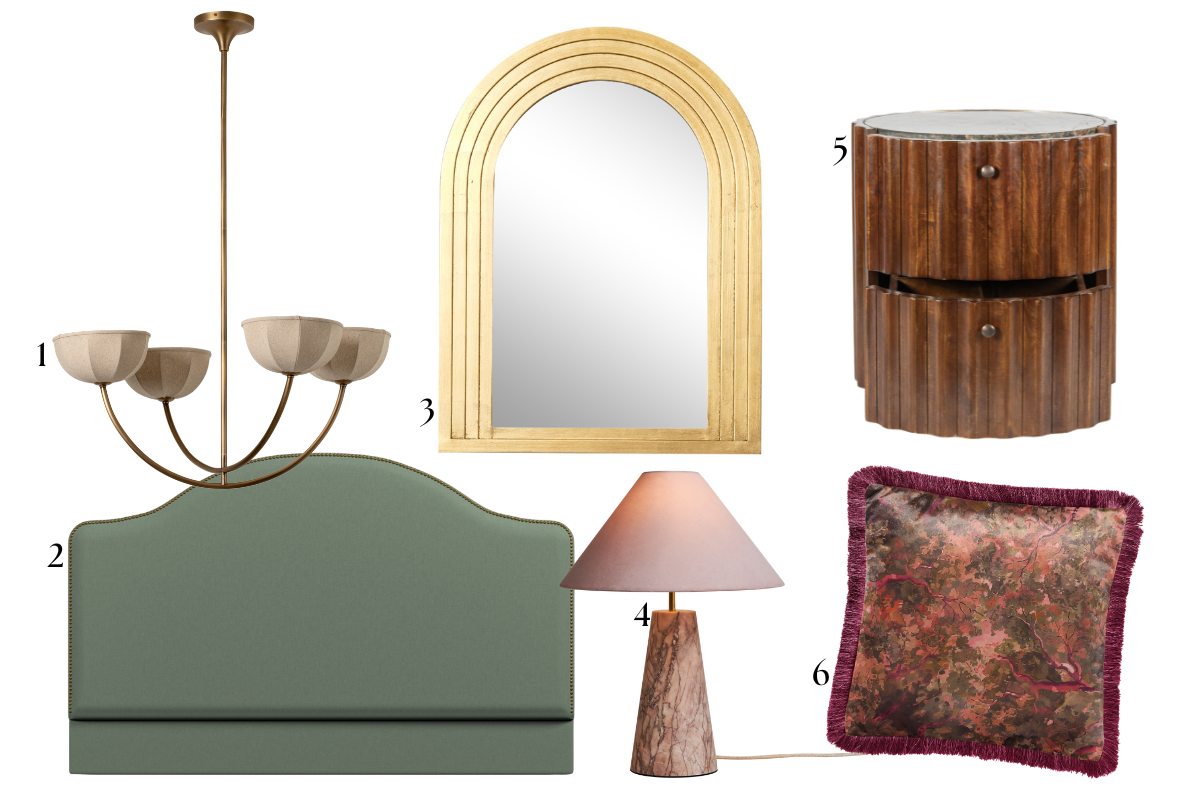 Moodboard edit of luxurious bedroom furnishings like a gold curved mirror, fluted bedside table, and curved headboard.