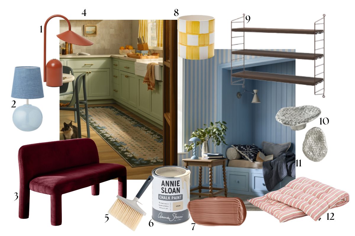 Moodboard for makeover ideas with rugs, paint, seating, lighting and open shelving.