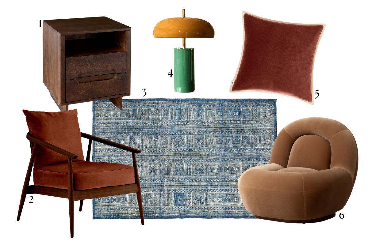 Moodboard edit of mid-century furniture and homeware.