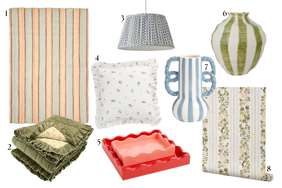 Moodboard edit of modern twee decor with stripes and florals.