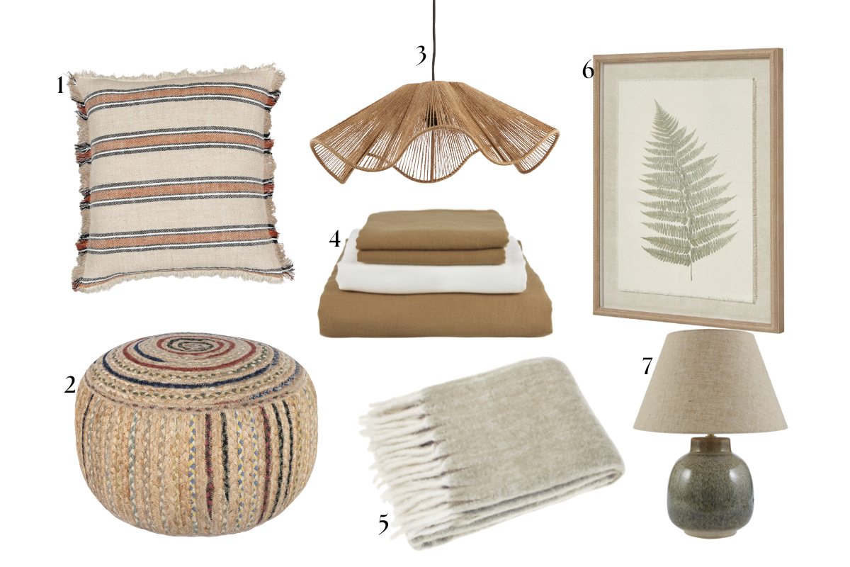 Moodboard edit of rustic bedroom decor.