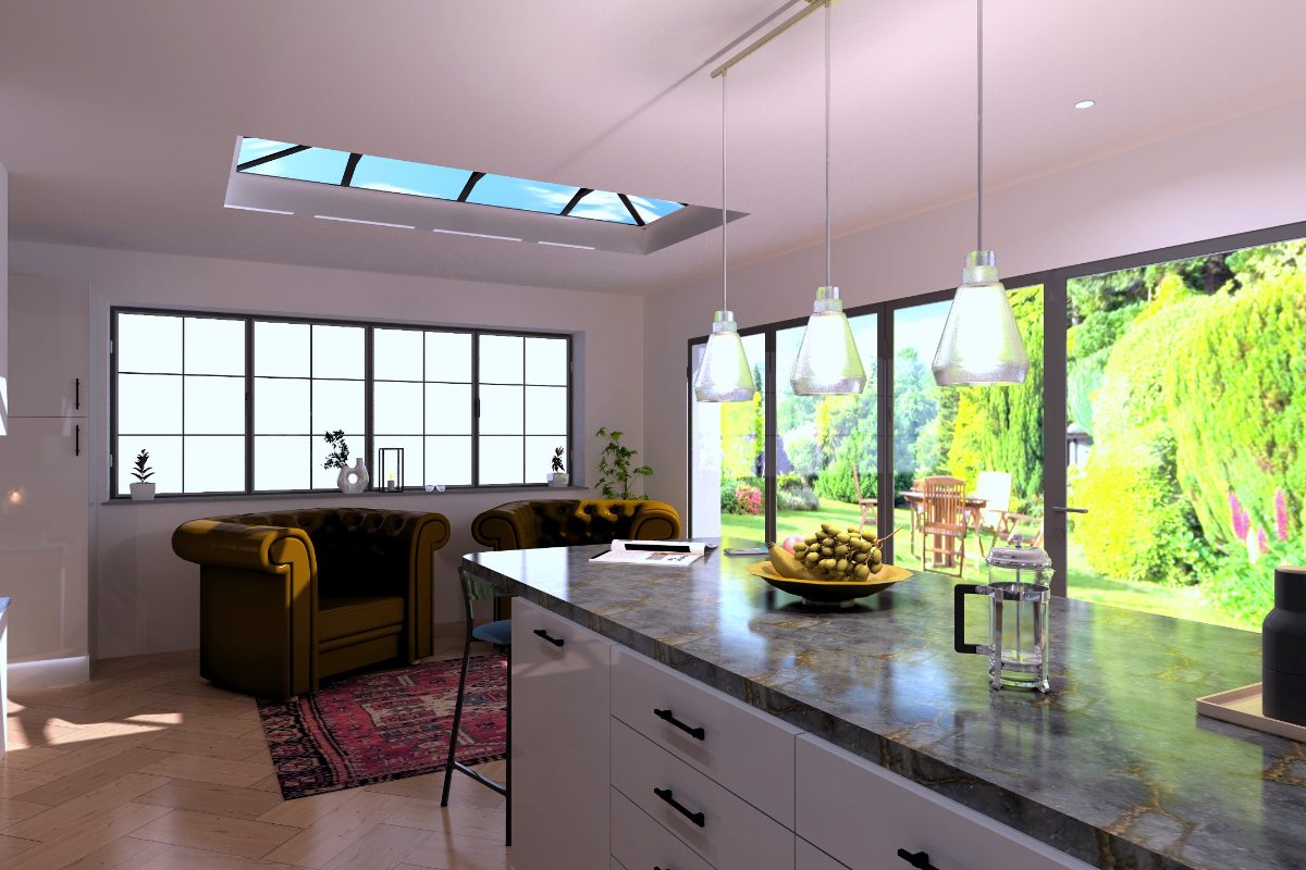 Closeup at a snug area in the extension, next to the island, flooded with light.