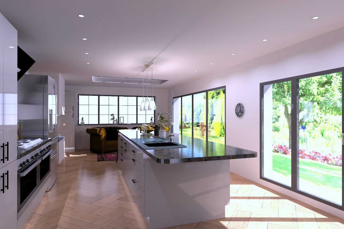 A new extension flooded with natural light, with herringbone flooring, an island, and a run of cabinets.