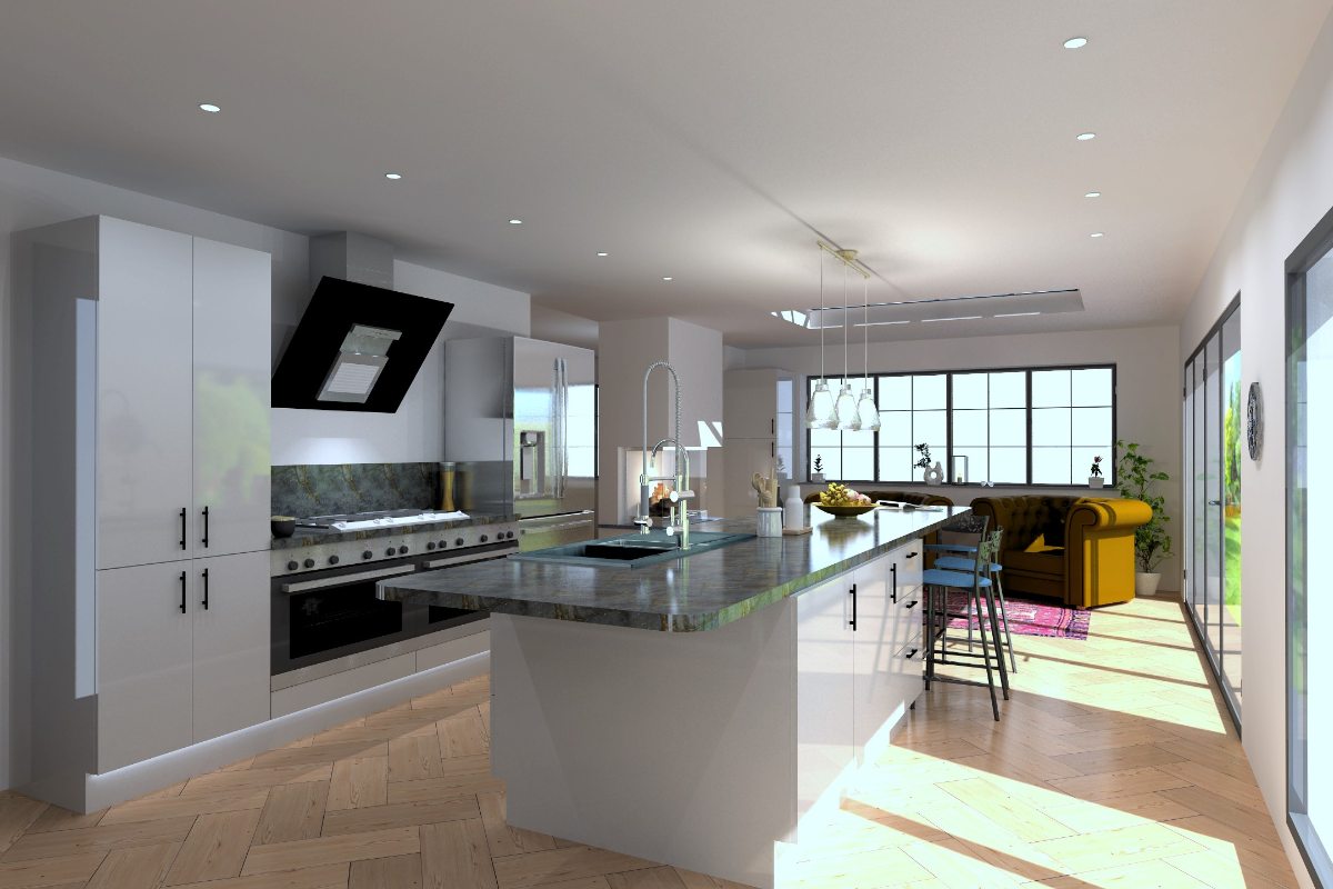 An open-plan kitchen design with soft grey satin lacquer cabinetry and a central island.