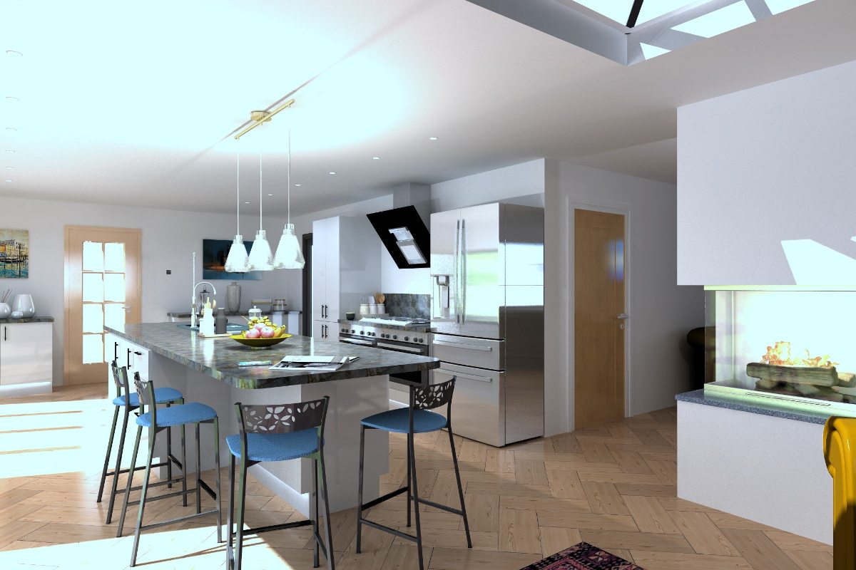 An extension with a run of cabinets, a large fridge, range cooker, a central island with seating, and layered lighting.
