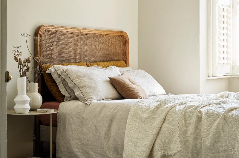 a calm and chilled bedroom in neutral tones