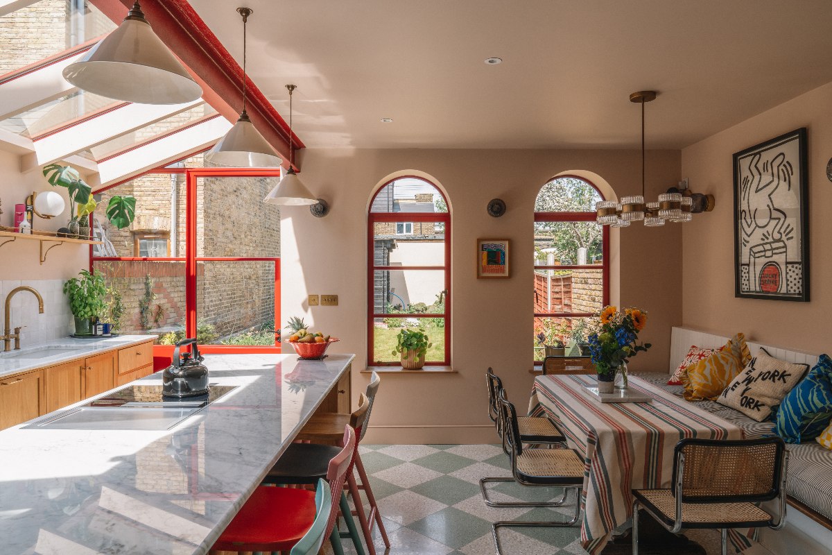 Image showcasing Tour this colourful open-plan kitchen with exposed steel work