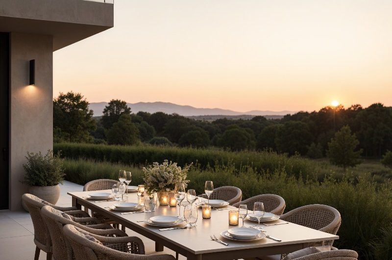 A dining table and chairs set in a garden at sunset.