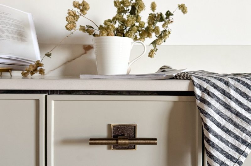 Kitchen cabinet with T-bar knob in Dark Brushed Brass.