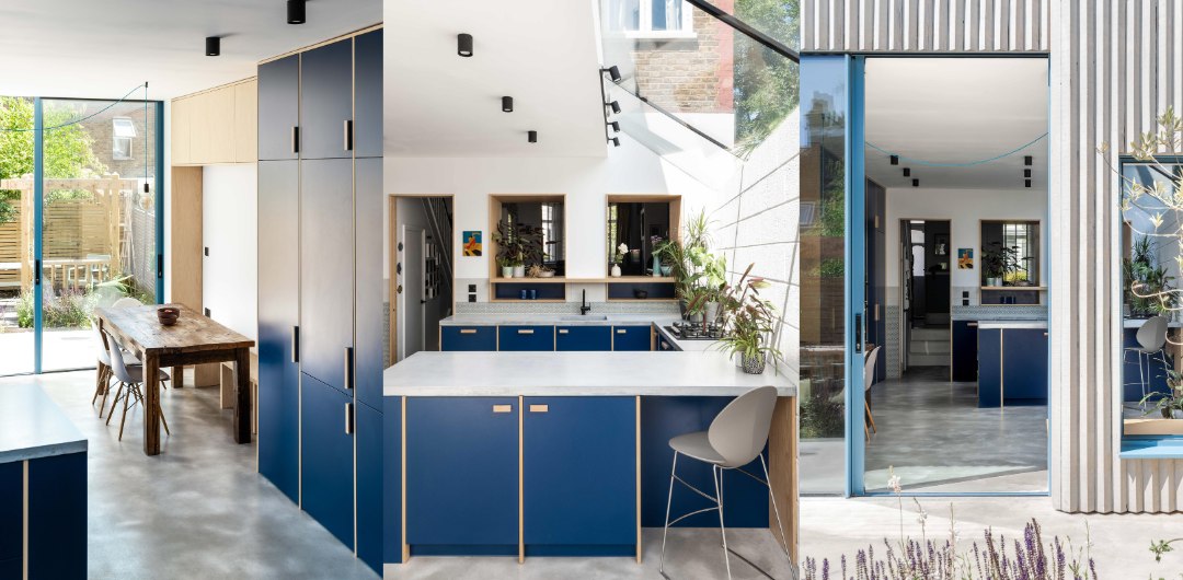 Blue kitchen with indoor-outdoor connection