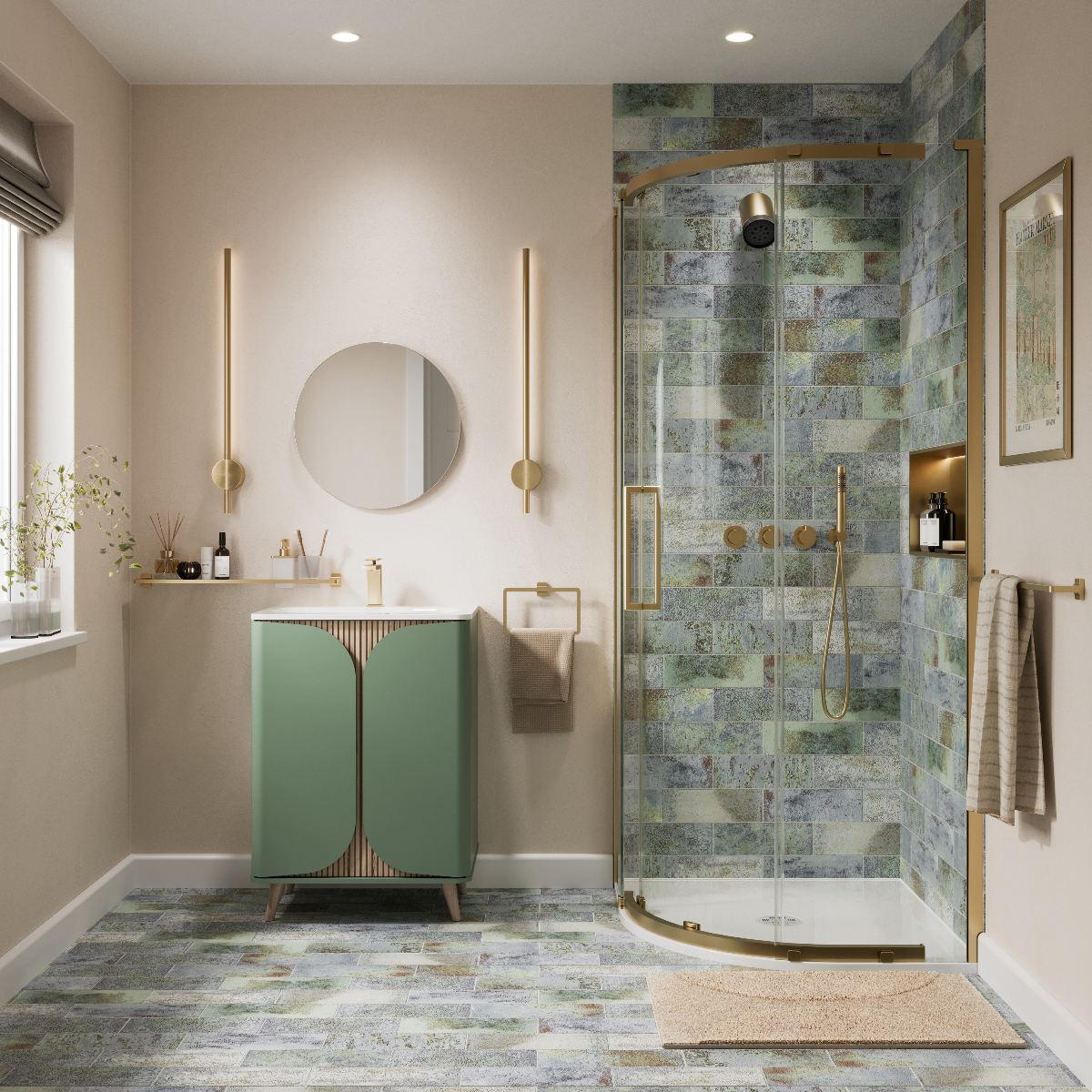 A green bathroom with matching vanity, shower and floor tiles, and gold fixtures and fittings.