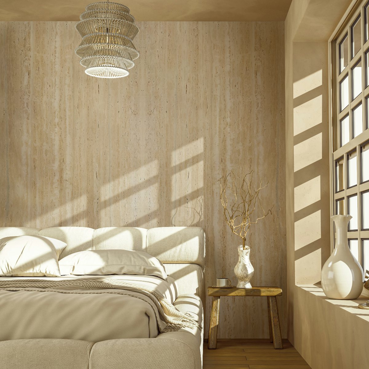 Neutral scheme with stone wallcoverings, minimalist furnishings and organic decor.