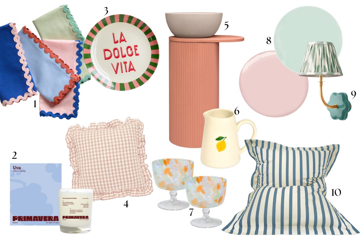 Holiday feeling at home moodboard with dopamine decor, quirkly glassware, and plush textiles.