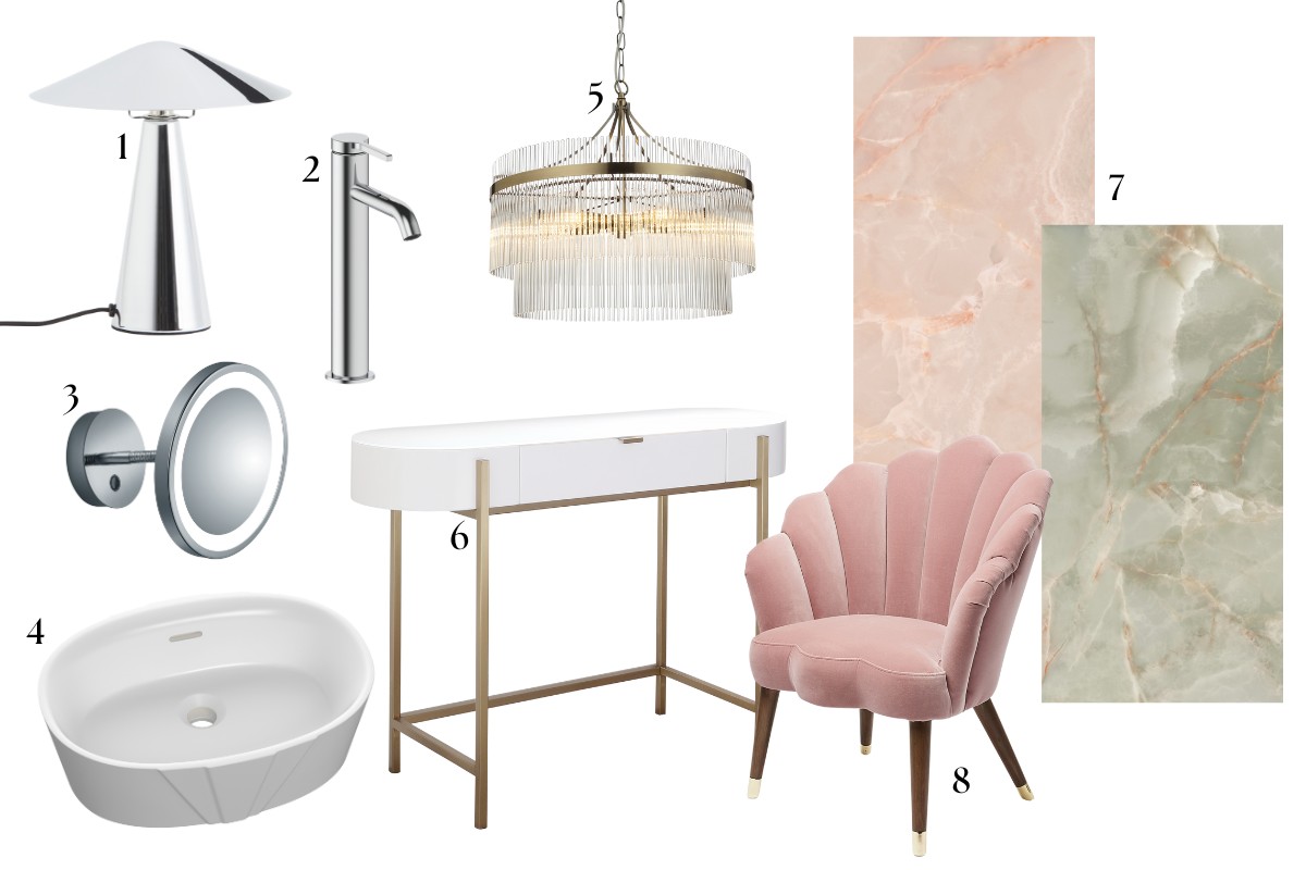 Luxurious interiors moodboard with onyx tiles, chrome finishes, and art deco details.