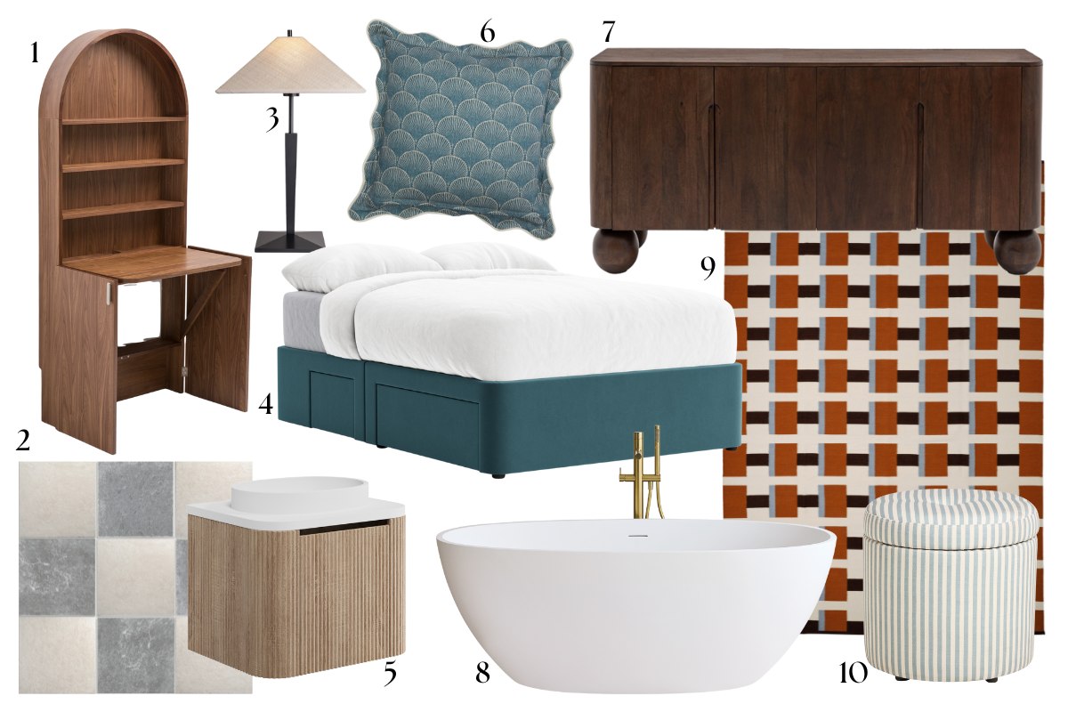 Interior design moodboard edit with wood furniture, storage bed, freestanding tub, fluted vanity and patterned surfaces.